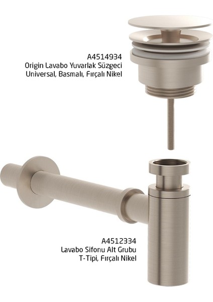 Vitra Origin Lavabo Sifonu Ve Süzgeç Seti, Fırçalı Nikel