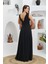 Carmen Siyah Şifon V Yaka Uzun Abiye Elbise