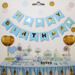 Patladı Gitti Mavi Zemin Happy Birthday Gold Banner