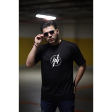 Ohepmoda Hustle Erkek Siyah Baskılı Bisiklet Yaka Oversize T-Shirt