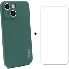 Enkay Apple iPhone 13 Mini Için Çizilmez Sıvı Silikon Telefon Kılıfı + Sert 0.26MM 9h 2.5d Temperli Cam Ekran Koruyucu - Koyu Yeşil (Yurt Dışından)