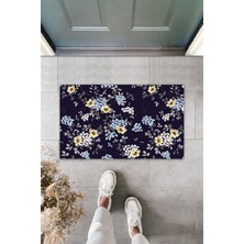 Silkcoat Home İç ve Dış Mekan Lacivert Kapı Önü Paspası Minik Çiçekler Desen Paspas