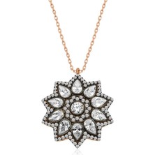 925 Gümüş Çiçek Desenli Elmas Montür 925 Ayar Gümüş Kolye