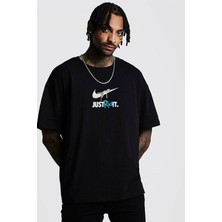 Trendseninle Erkek Siyah Oversize T-Shirt Just Rick It Baskılı Tişört
