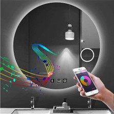 70 cm Bluetoothlu Makyaj Aynalı Buğu Yapmayan Ledli Yuvarlak Banyo Aynası