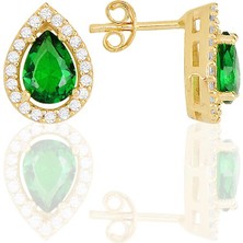 Söğütlü Silver Gümüş Altın Yaldızlı Kök Zümrüt Taşlı Damla Modeli Küpe