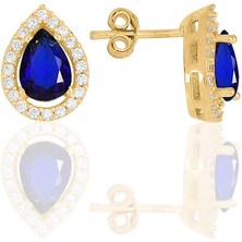 Söğütlü Silver Gümüş Altın Yaldızlı Safir Taşlı Damla Modeli Küpe