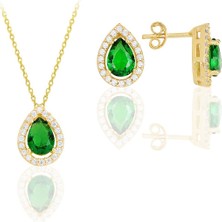 Söğütlü Silver Gümüş Altın Yaldızlı Kök Zümrüt Taşlı Damla Modeli Ikili Set