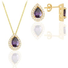 Söğütlü Silver Gümüş Altın Yaldızlı Ametis Taşlı Damla Modeli Ikili Set