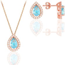 Söğütlü Silver Gümüş Rose Akuamarin Taşlı Damla Modeli Ikili Set