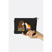 Clutch Kedili Kız Baskılı Siyah Kanvas Makyaj Çantası