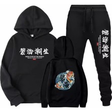 Amor Man Büyük Beden Kapüşonlu Koı Japon Baskılı Oversize Yeni Stil Erkek Eşofman Takımı