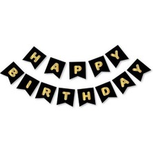 Bal10 Dünyası Happy Bırthday Gold Varaklı Siyah Banner Yazı