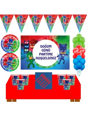 Parti Furyası Pj Mask Doğum Günü Konsepti 24 Kişilik 70X100 cm  Afişli Pijamaskeliler Doğum Günü Seti
