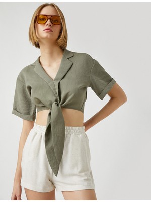 Koton Kadın V Yaka Beli Bağlamalı Kısa Kollu Crop Gömlek