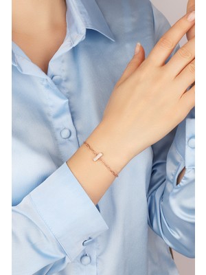 Lia Berto Rose Taşlı I Harf Zincirli 925 Ayar Gümüş Bileklik