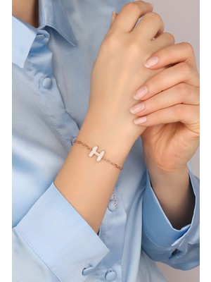 Lia Berto Rose Taşlı H Harf Zincirli 925 Ayar Gümüş Bileklik