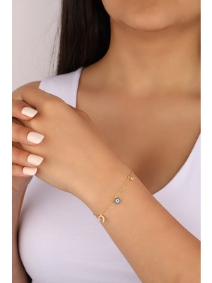 Lia Berto Altın Kaplama Nazarlı Şans Model 925 Ayar Gümüş Bileklik