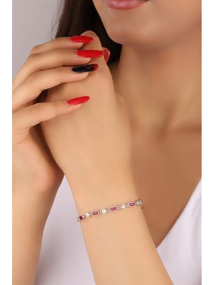 Lia Berto Kırmızı Taşlı Bagetler 925 Ayar Gümüş Bileklik