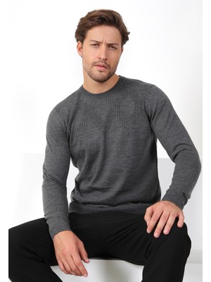 Ferraro Antrasit Bisiklet Yaka Superfine Yün Erkek Triko Kazak