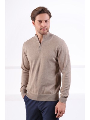 Ferraro K.bej Dik Yaka Düz Renk Pamuk Erkek Kazak