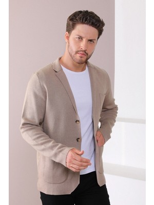 Ferraro Üç Düğmeli Ince Pamuk Triko Ceket - Bej