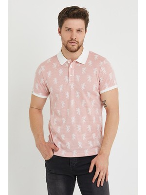 Polo State Erkek Jakar Desenli Polo Yaka T-Shirt Pembe