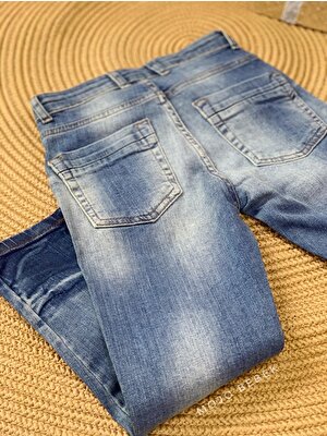 Erkek Çocuk Dikişli Yamalı Denim Pantolon 18025 Mavi