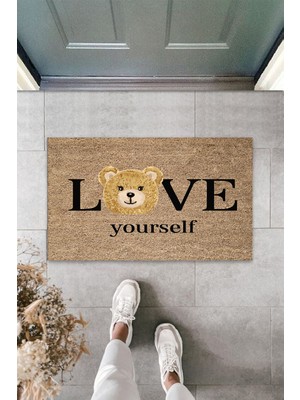 Silkcoat Home İç ve Dış Mekan Kahve Renk Kapı Önü Paspası Love Yourself Ayıcık Desen Paspas