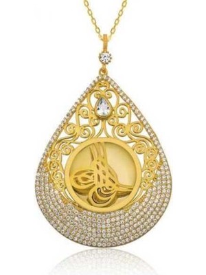 925 Gümüş Tuğra Damla Taş 925 Ayar Gümüş Kolye