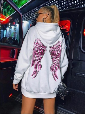 Trendseninle Kadın Beyaz Sırt Kanat Önü Slogan Baskılı Kapüşonlu Oversize Sweatshirt