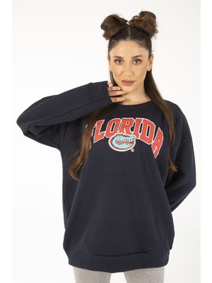 Trend Seninle Kadın Lacivert Oversize Timsah Baskılı Sweatshirt