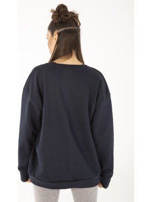 Trend Seninle Kadın Lacivert Oversize Timsah Baskılı Sweatshirt