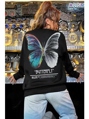 Trendseninle Kadın Siyah Butterfly Oversize Sweatshirt