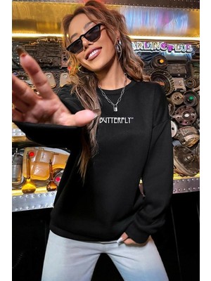 Trendseninle Kadın Siyah Butterfly Oversize Sweatshirt