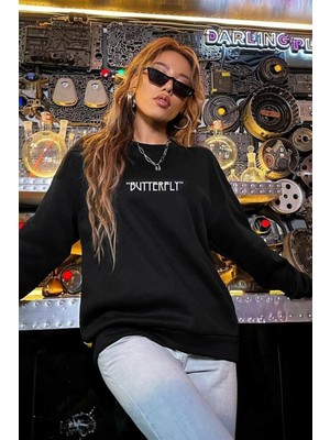 Trendseninle Kadın Siyah Butterfly Oversize Sweatshirt