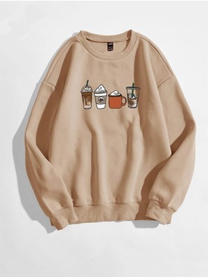 Trendseninle Kadın Vizon Oversize Coffee Baskılı Sweatshirt
