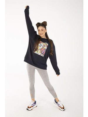 Trendseninle Kadın Lacivert Abstract Figure Baskılı Oversize Sweatshirt