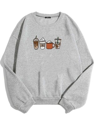 Trend Seninle Kadın Gri Oversize Coffee Baskılı Sweatshirt