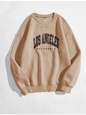 Trend Seninle Kadın Vizon Önü Los Angeles Baskılı Oversize Sweatshirt