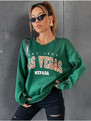 Trendseninle Kadın Yeşil Oversize Las Vegas Baskılı Sweatshirt