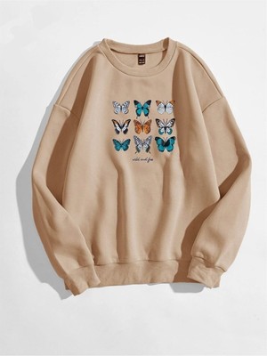 Trendseninle Kadın Vizon Oversize Baskılı Sweatshirt