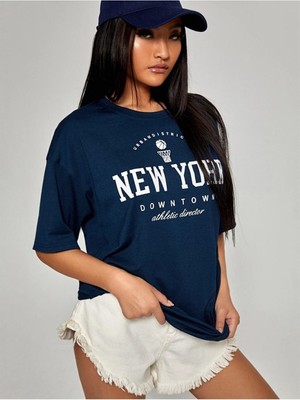 Trend Seninle Kadın Lacivert Oversize T-Shirt Ön Newyork Baskılı Tişört