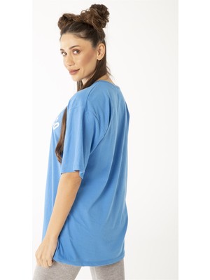 Trendseninle Kadın Indigo Mavi Oversize Sanfrancisco T-Shirt