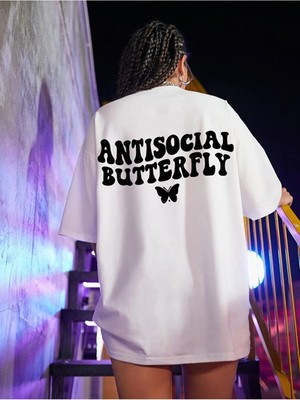 Trendseninle Logo Baskılı Beyaz Tişört Antisocial Butterfly