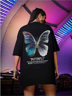 Trendseninle Kadın Siyah Butterfly Ön Arka Baskılı Oversize T-shirt