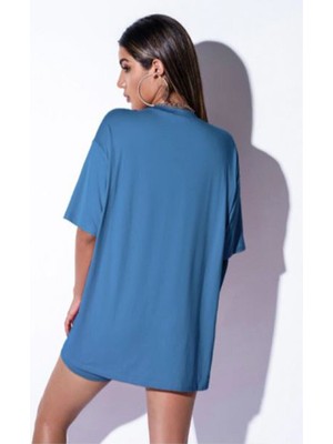 Trendseninle Kadın Indigo Mavi Oversize Columbıa T-Shirt