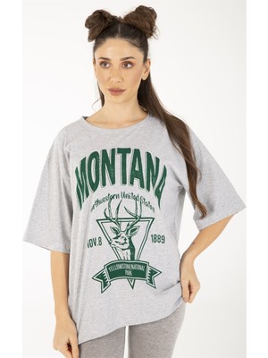 Trend Seninle Kadın Gri Oversize Montana Baskılı T-Shirt