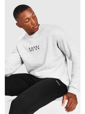 Trendseninle Erkek Gri Man Baskili Oversize Sweatshirt