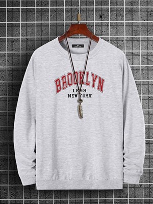 Trendseninle Erkek Brooklyn Baskili Gri Oversize Sweatshirt